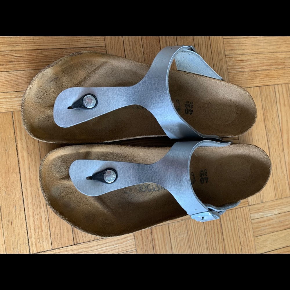 BIRKENSTOCK silver sandals, 9.5